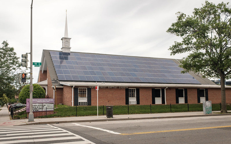 Solar panels at Tenth Street Baptist Church in Washington, D.C. Photo by ep_jhu, licensed under Creative Commons. 
