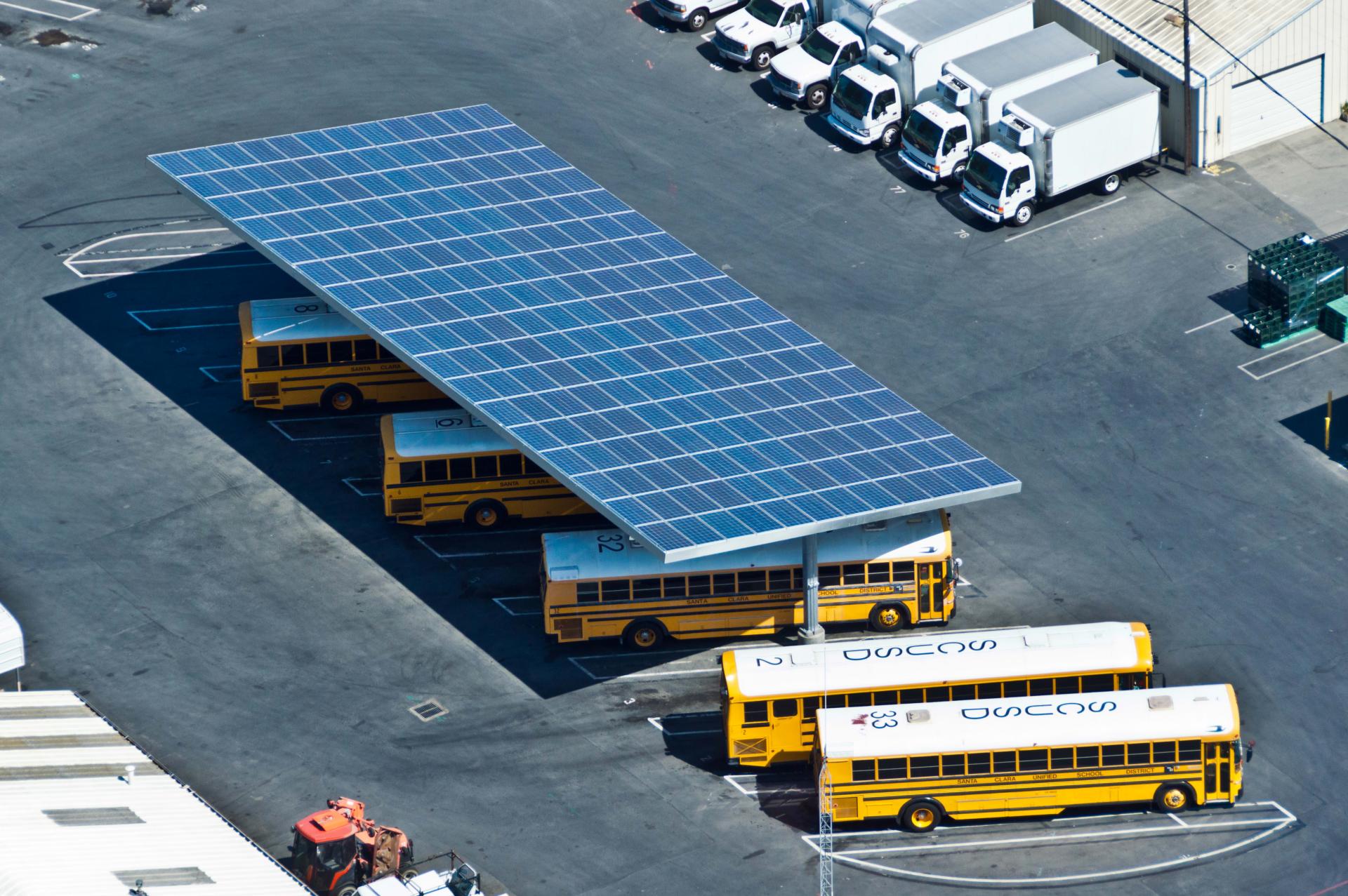 Sacramento City Unified School District uses solar panels to cover their bus fleet.