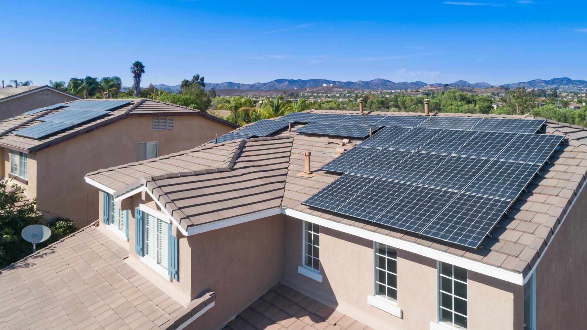 Rooftop solar panels on a house in California.